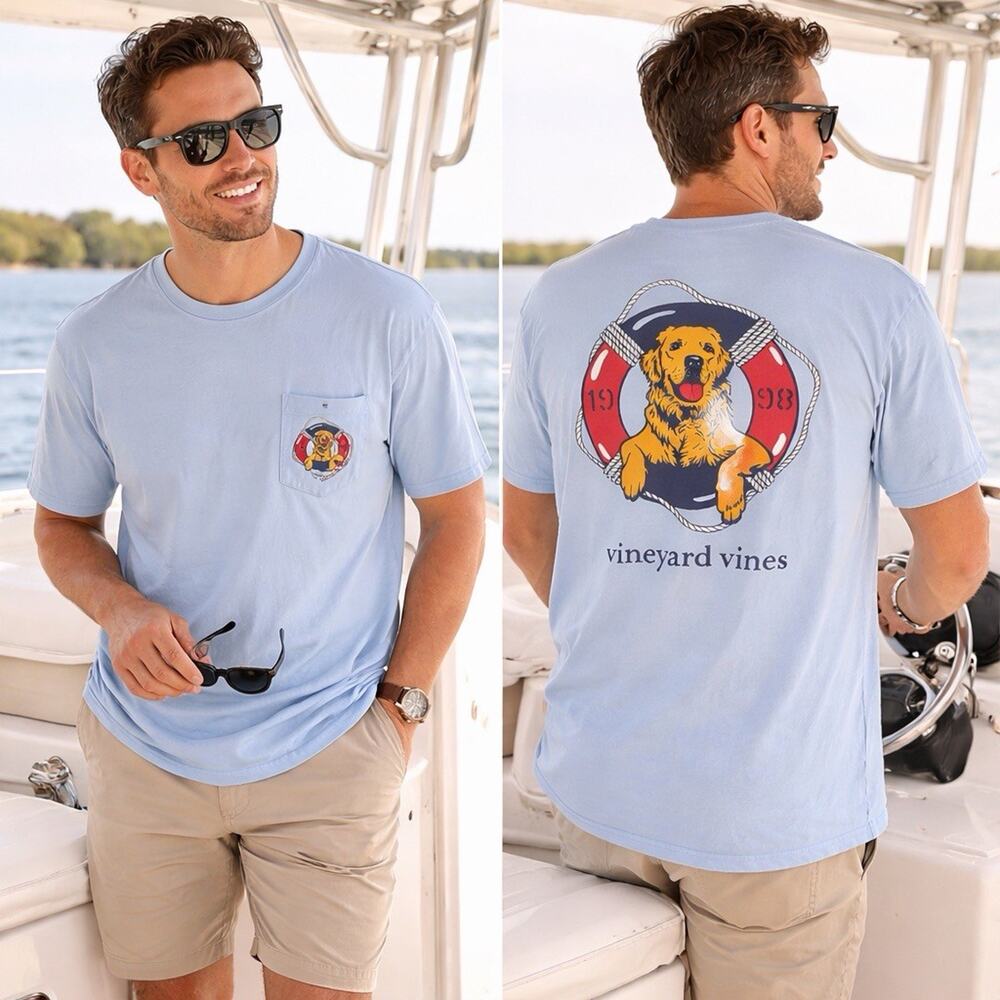 Vineyard Vines Men’s XL Blue Pocket T Shirt Golden Retriever Boat Nautical Dog